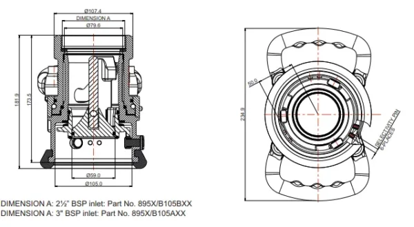 105mm Drytyt Dry Disconnect Hose Unit 3" BSP inlet, Viton seal, no selectivity 895V/B105A00 FORT VALE - Imagen 2